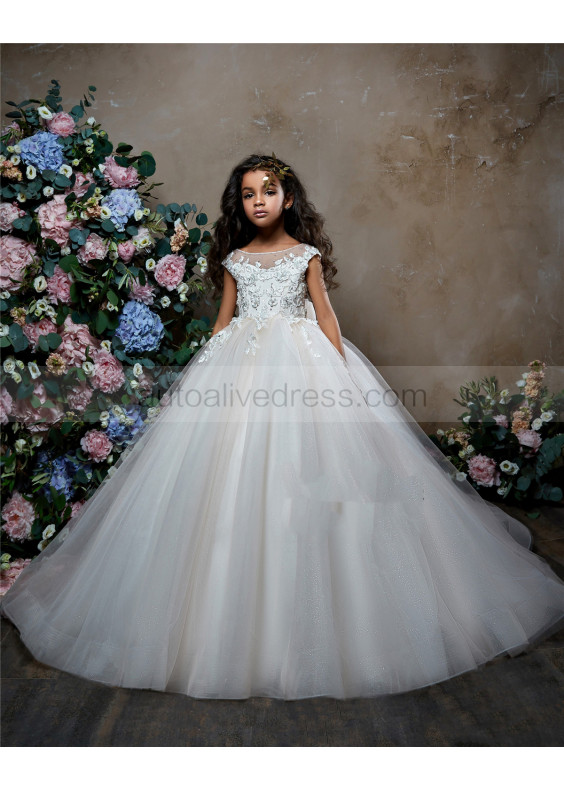 Beaded Ivory Lace Tulle Keyhole Back Long Flower Girl Dress